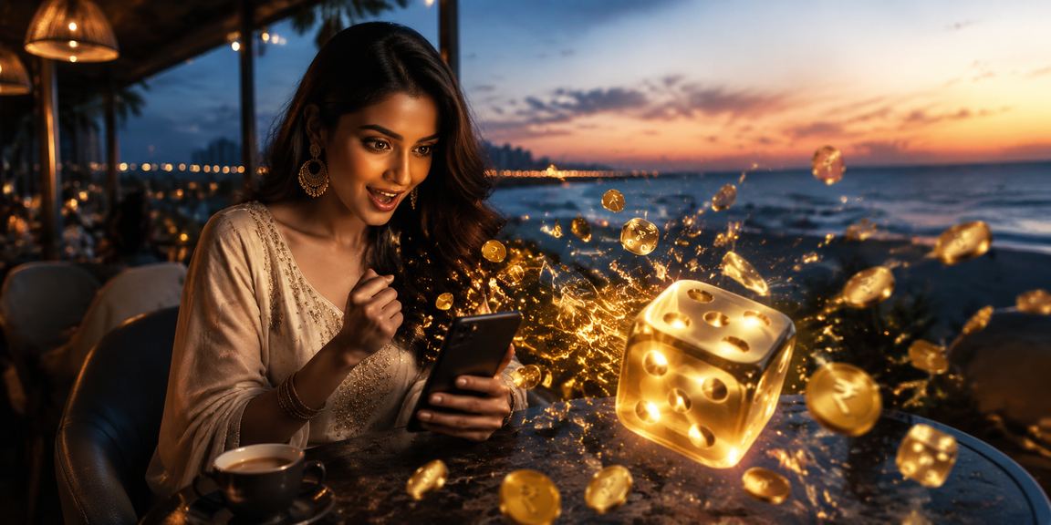 Evening at Chennai Marina Beach with people playing casino dice games on mobile
