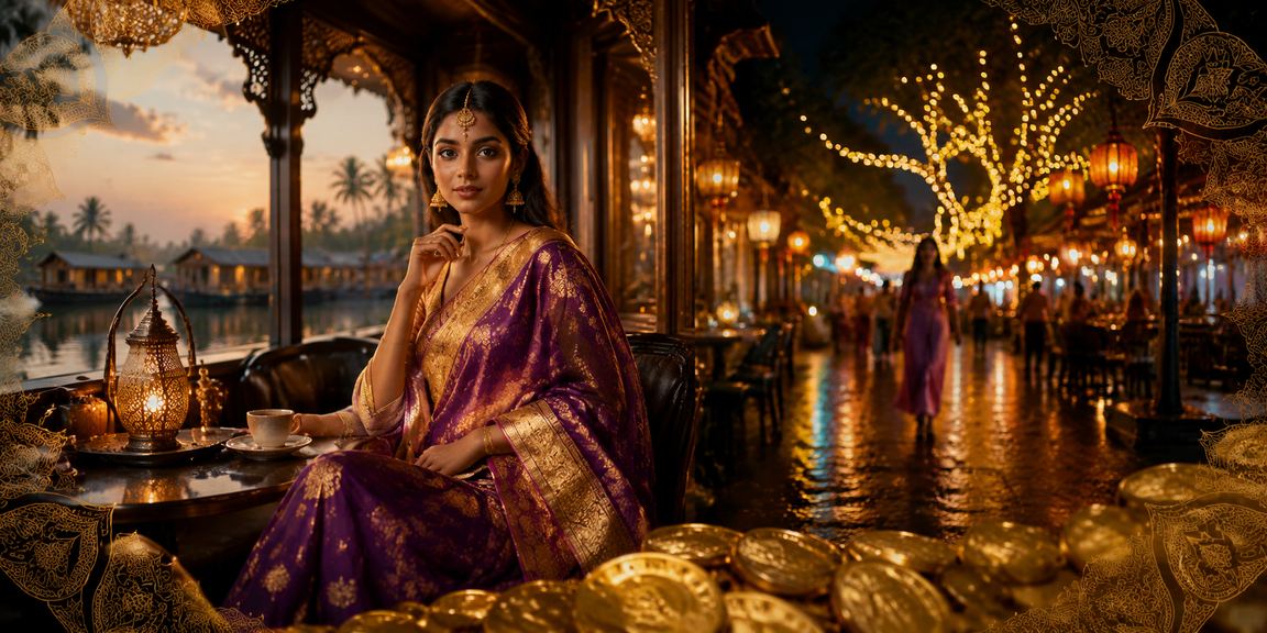 Kerala backwaters night market scene with casino-style gaming lighting